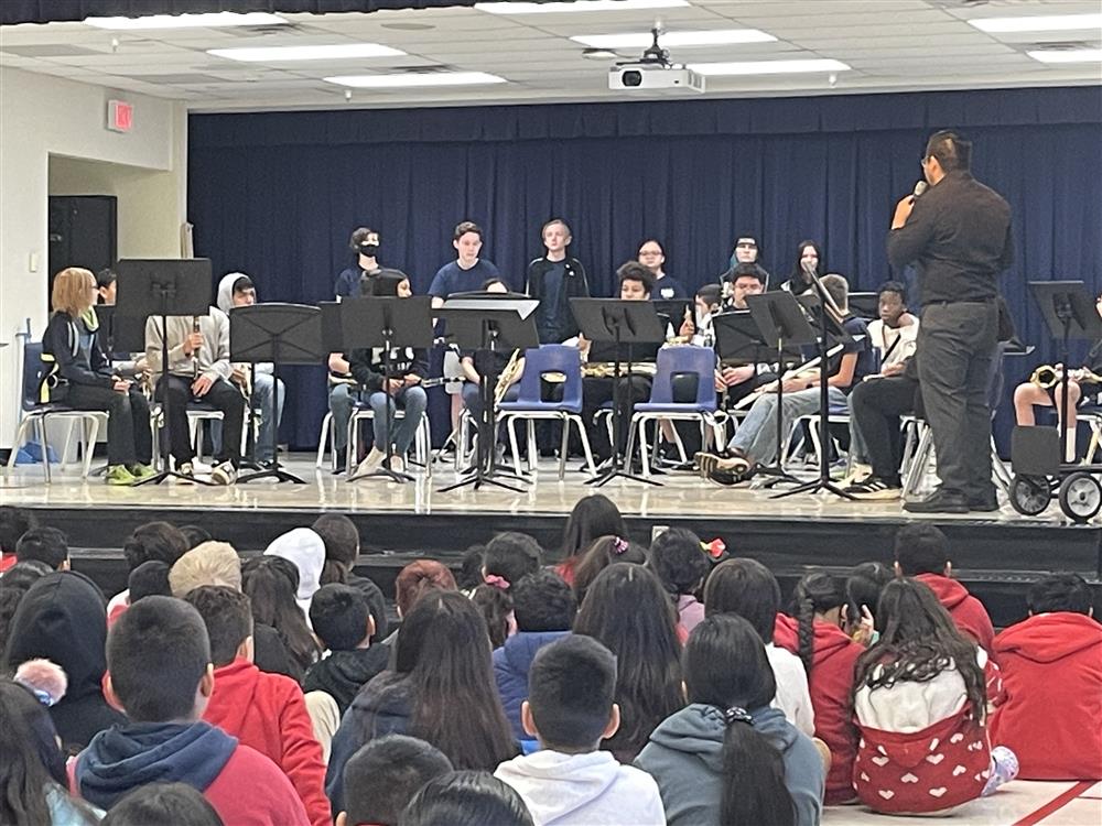 Willis Junior High visits Galveston fifth and sixth graders for an assembly.